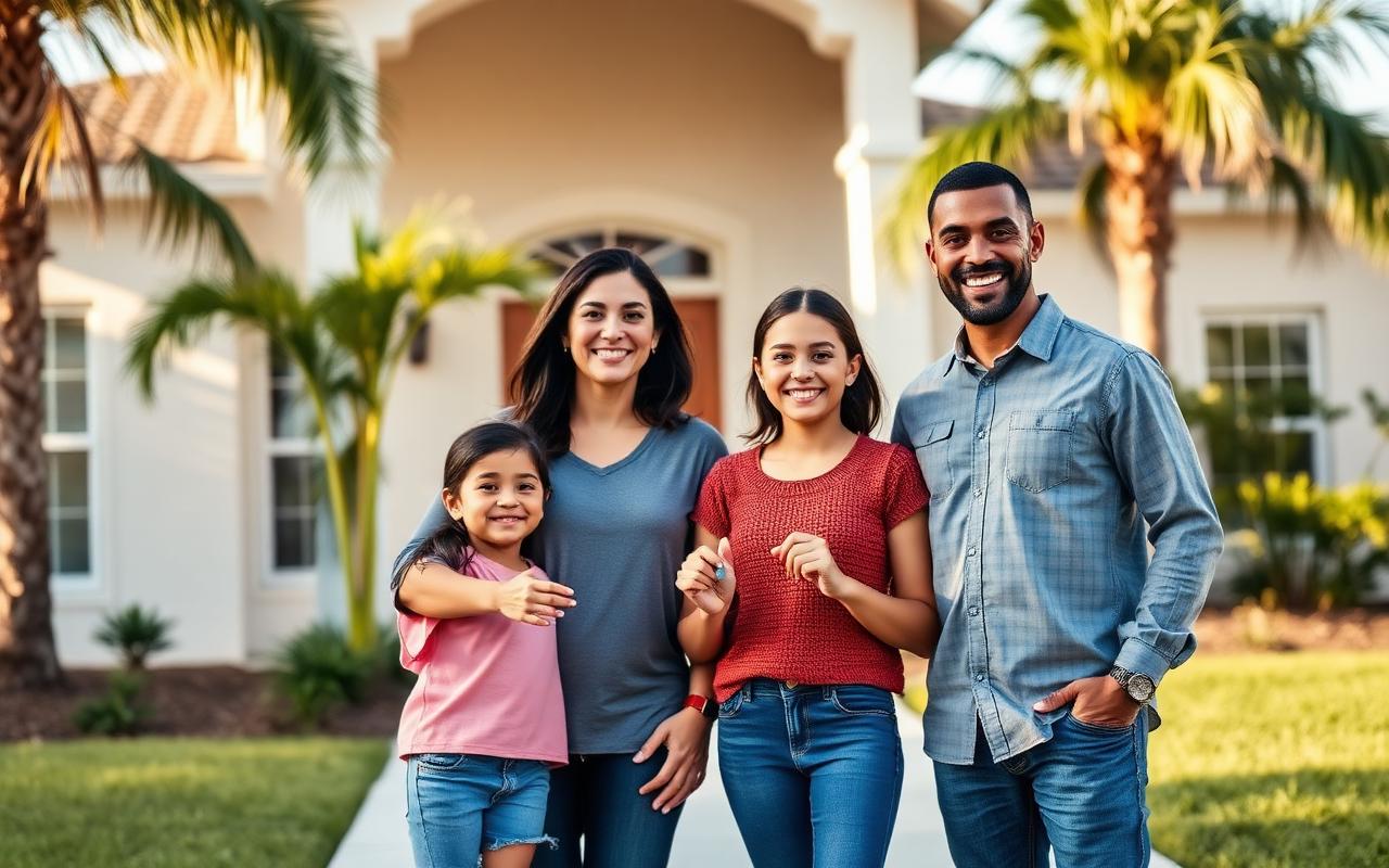 Familia hispana feliz frente a su casa nueva en Florida con las llaves en la mano